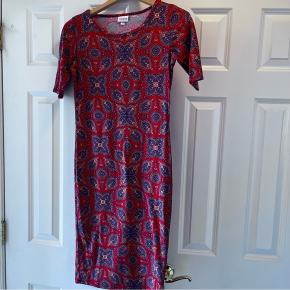 LuLaRoe Dress Jersey Soft geometric print red purple size XS - Picture 1 of 3